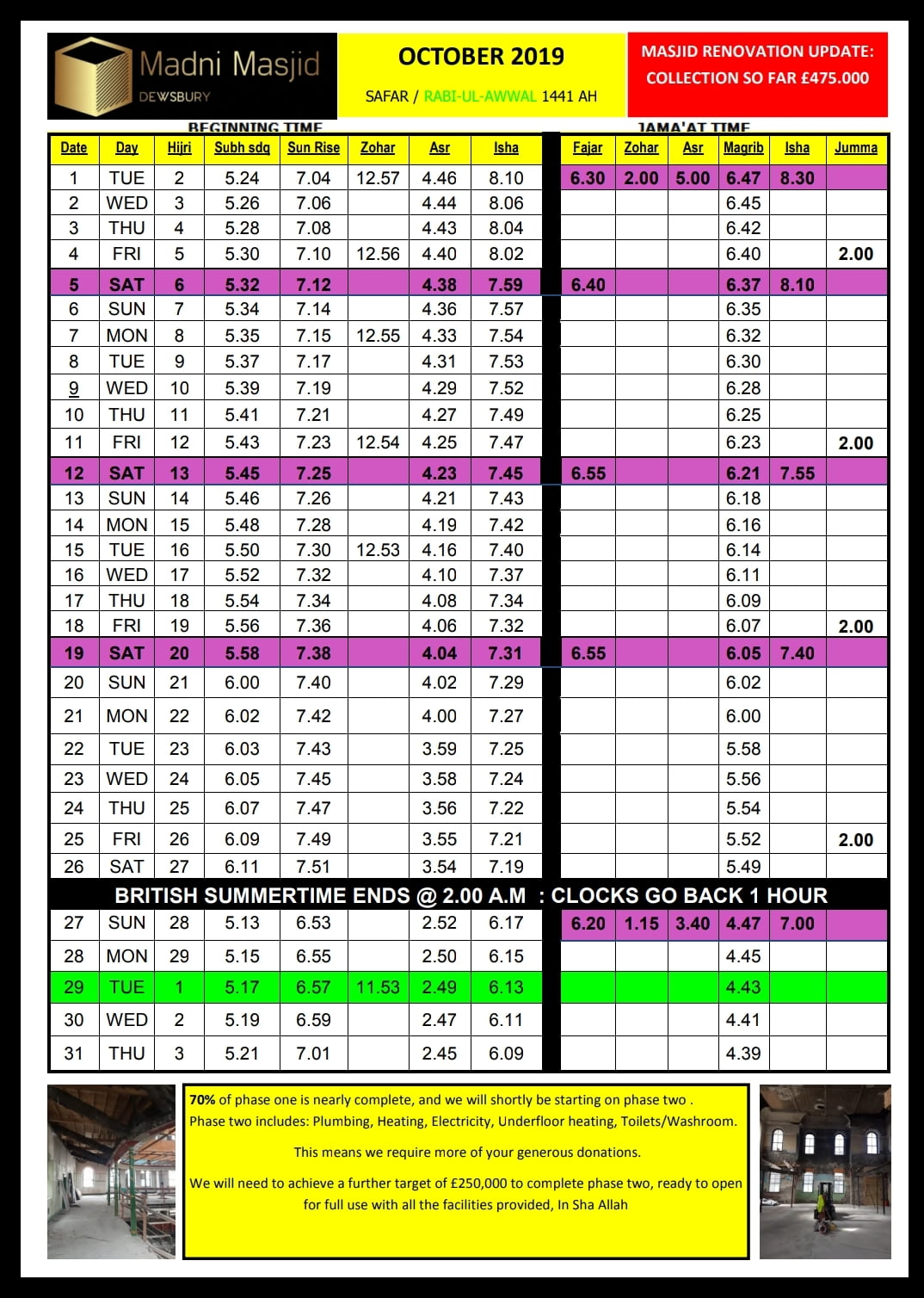 October timetable