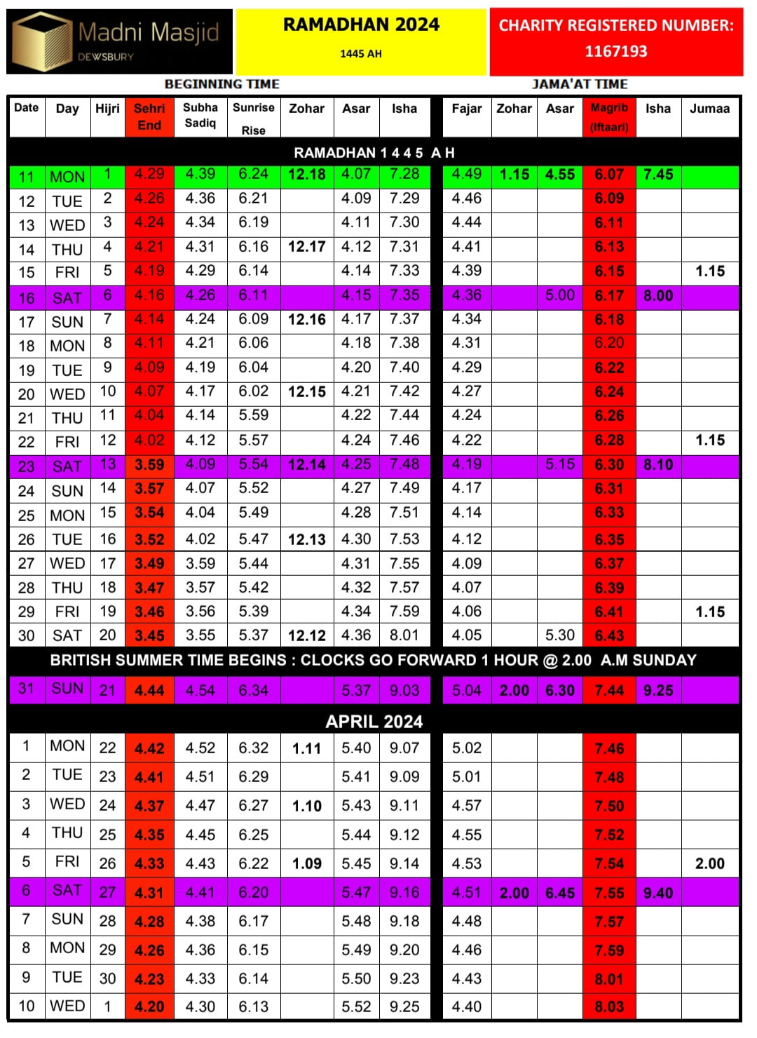 Ramadan timetable